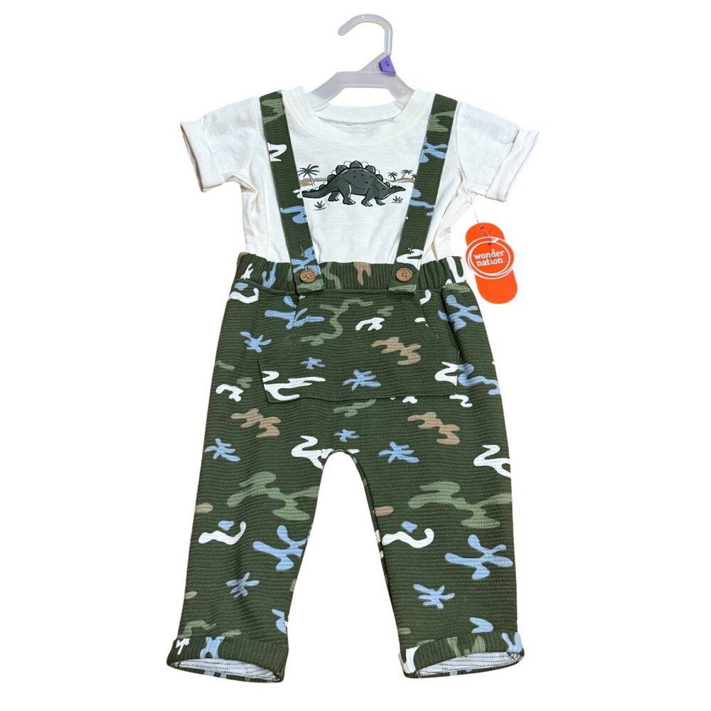NWT Wonder Nation Baby Boys 12M 2-Piece Outfit Set Dinosaur Shirt & Suspenders